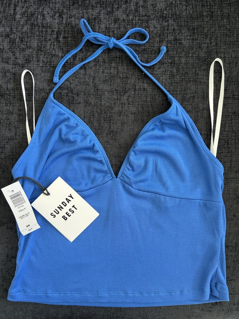 NEW Aritzia Sunday Best Daring Blue Ribbed Halter Crop Top Size Medium